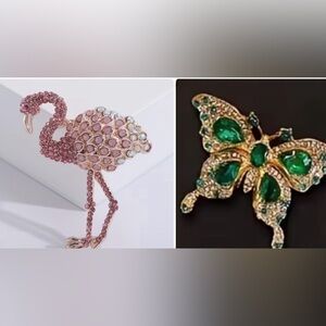 Elegant Pink Flamingo and Green Butterfly Brooch Set